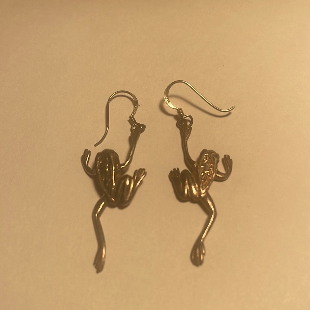 Silver Leaping Frog Dangle Earrings - image 1